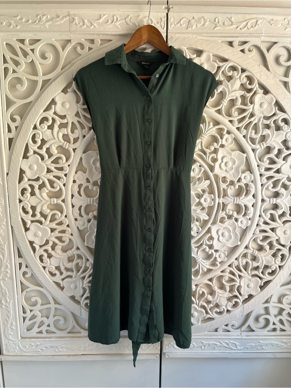 RW&CO Olive Green Midi Dress XS Tie Back Button Front Shirt Dress